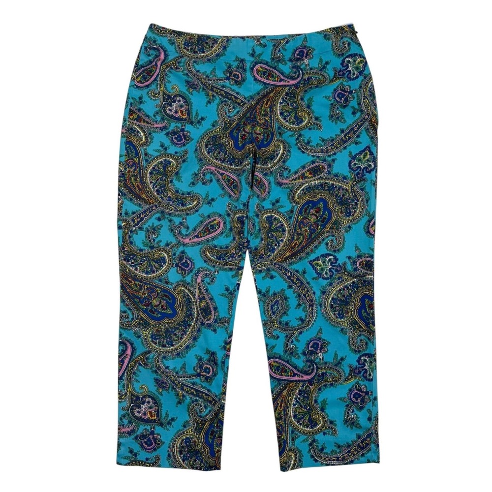 Talbots Signature Womens 10 Turquoise Blue Paisley Print Ankle Trousers Side Zip